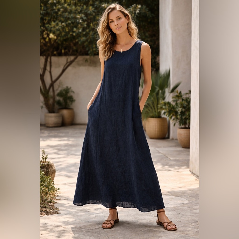 Pas De Calais 100% Linen Long Maxi Lagenlook Dress Resort Vacation Pool party